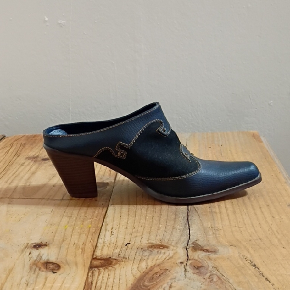 Vintage Navy Suede Square Toe Western Style Stacked Heel Slip On Mules Size 8